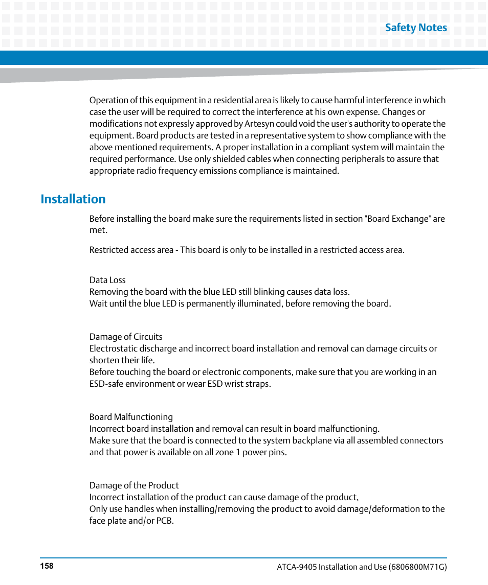 Installation | Artesyn ATCA-9405 Installation and Use (May 2014) User Manual | Page 158 / 168