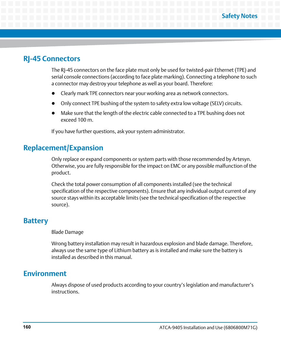 Rj-45 connectors, Replacement/expansion, Battery | Environment | Artesyn ATCA-9405 Installation and Use (May 2014) User Manual | Page 160 / 168