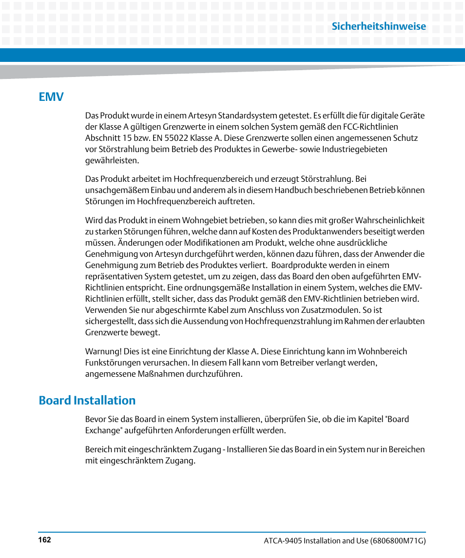 Board installation | Artesyn ATCA-9405 Installation and Use (May 2014) User Manual | Page 162 / 168