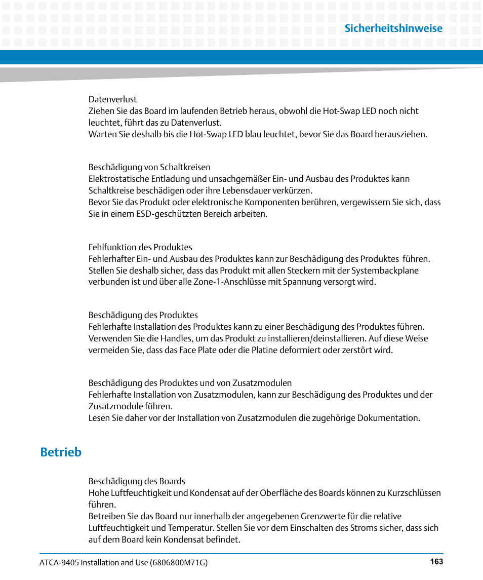 Betrieb, Sicherheitshinweise | Artesyn ATCA-9405 Installation and Use (May 2014) User Manual | Page 163 / 168