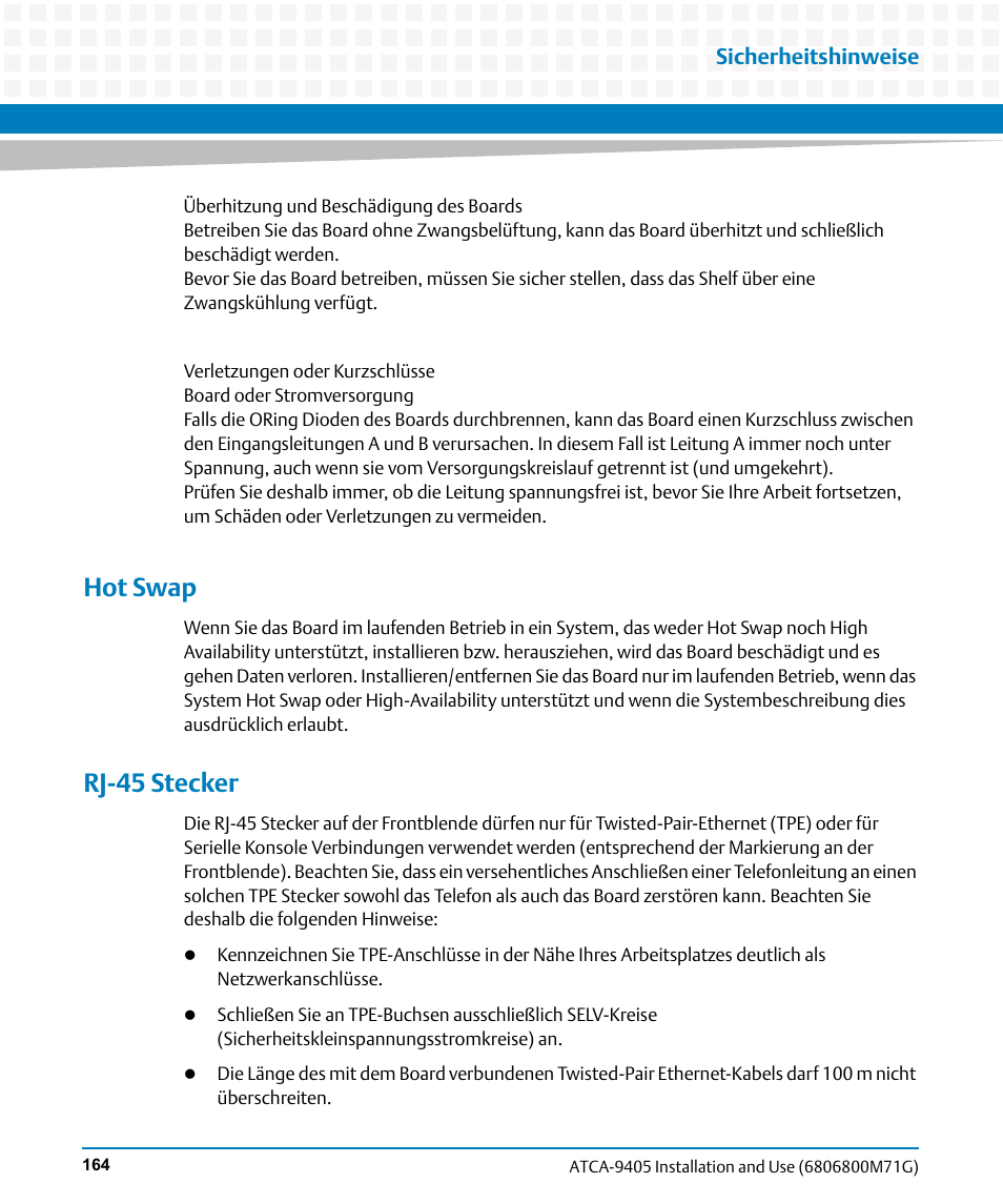 Hot swap, Rj-45 stecker, Sicherheitshinweise | Artesyn ATCA-9405 Installation and Use (May 2014) User Manual | Page 164 / 168