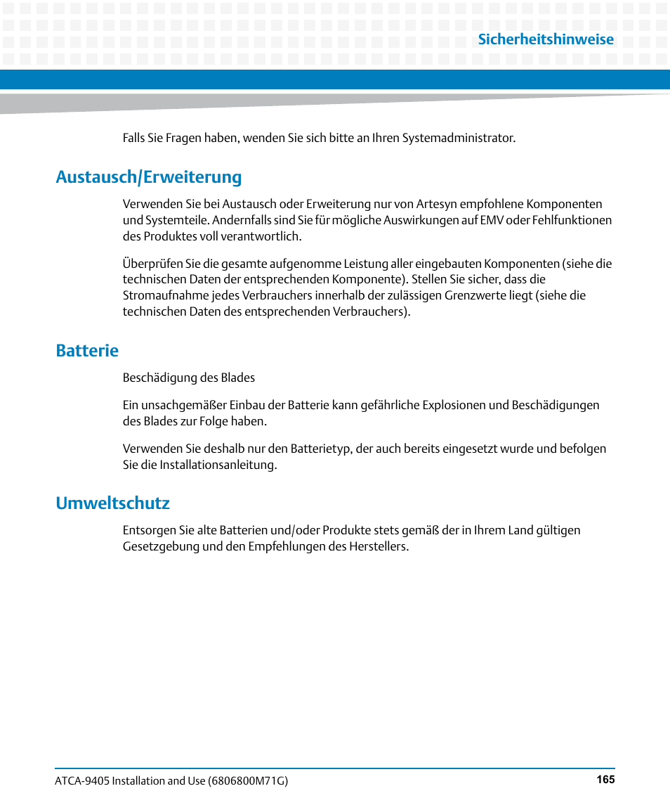 Austausch/erweiterung, Batterie, Umweltschutz | Artesyn ATCA-9405 Installation and Use (May 2014) User Manual | Page 165 / 168