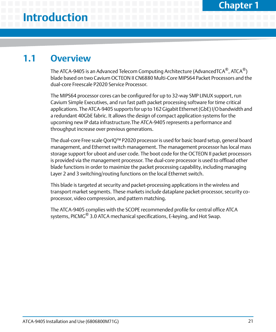 Introduction, 1 overview, Chapter 1 | Artesyn ATCA-9405 Installation and Use (May 2014) User Manual | Page 21 / 168