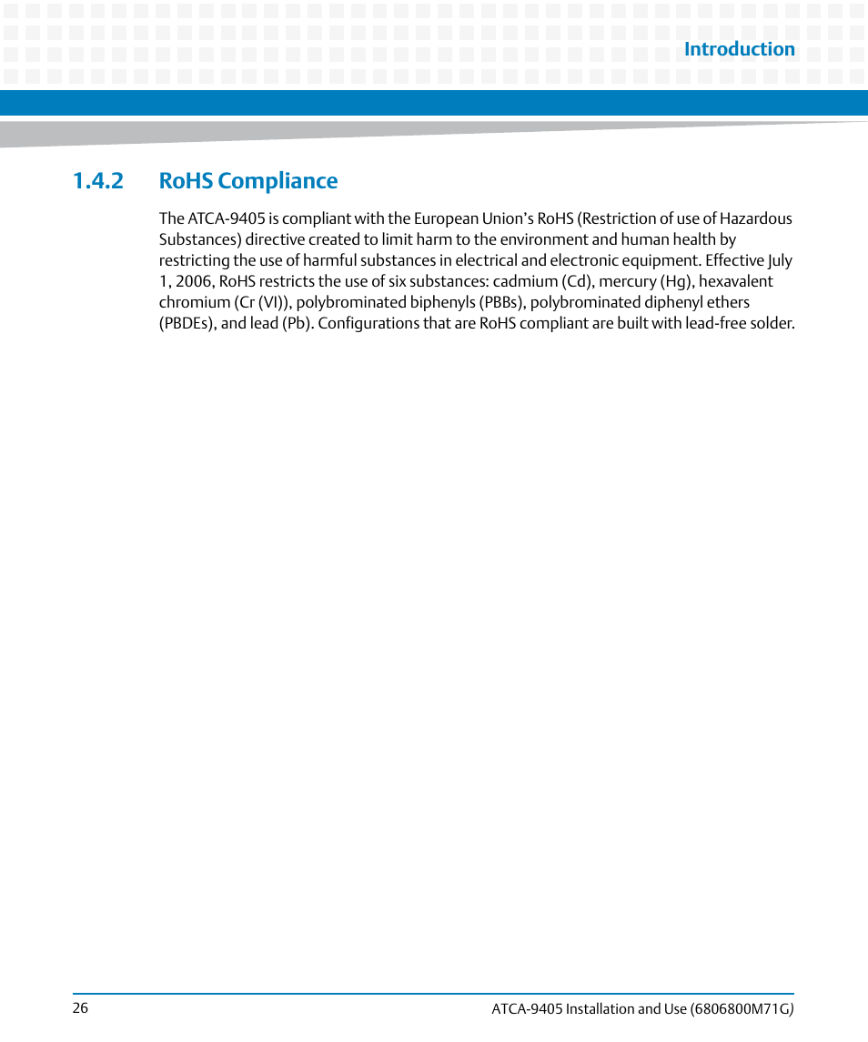 2 rohs compliance | Artesyn ATCA-9405 Installation and Use (May 2014) User Manual | Page 26 / 168