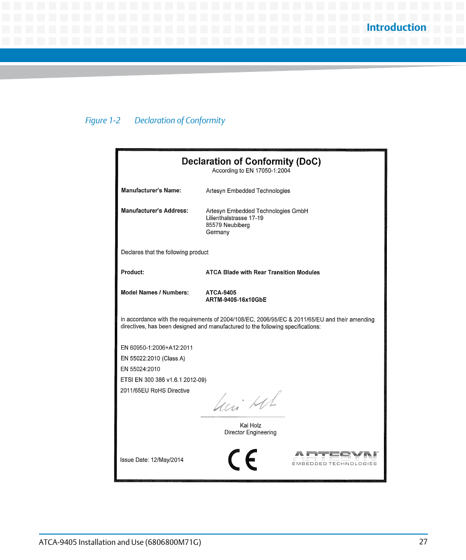 Figure 1-2, Declaration of conformity, Introduction | Artesyn ATCA-9405 Installation and Use (May 2014) User Manual | Page 27 / 168