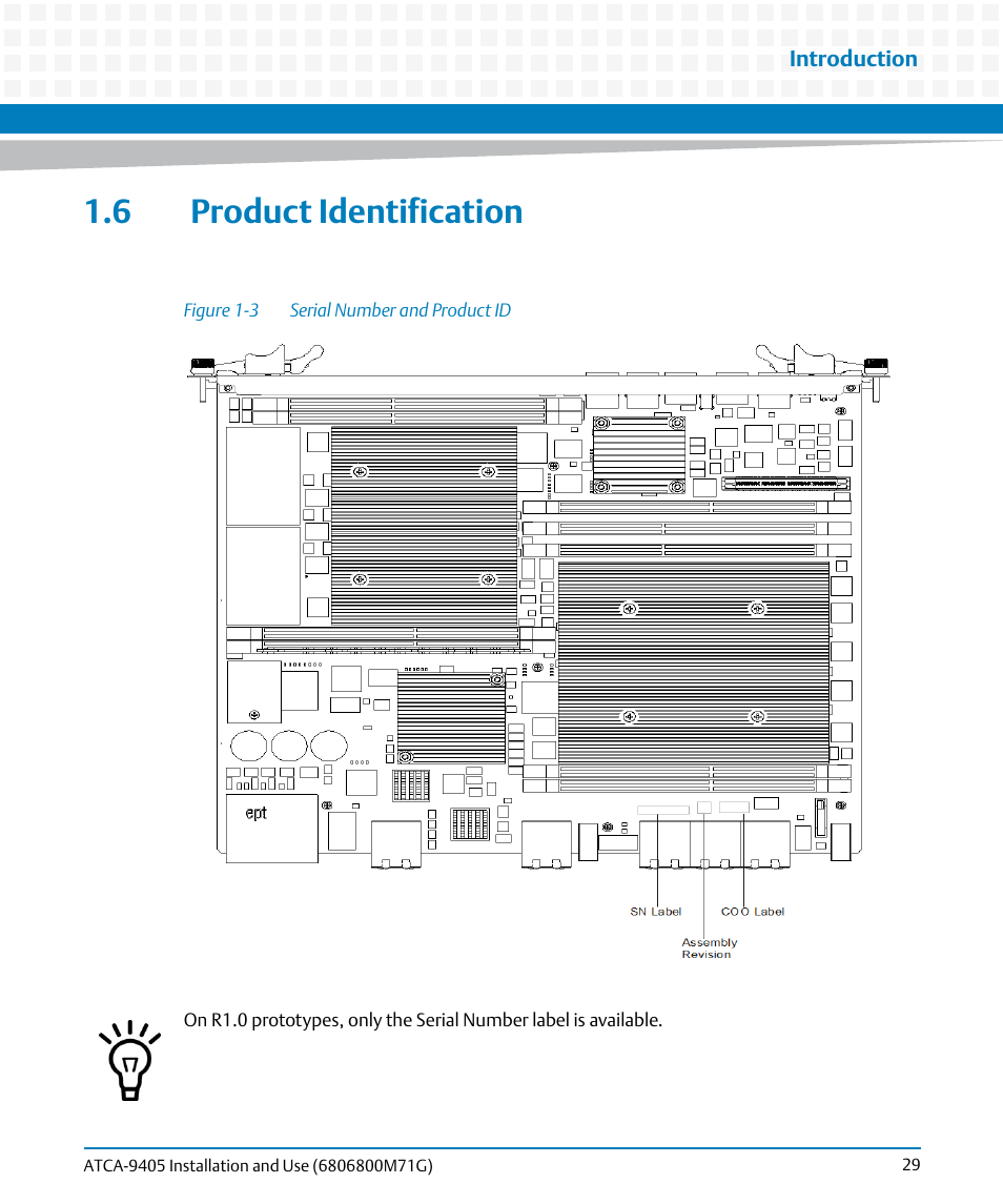 6 product identification, Figure 1-3, Serial number and product id | Artesyn ATCA-9405 Installation and Use (May 2014) User Manual | Page 29 / 168