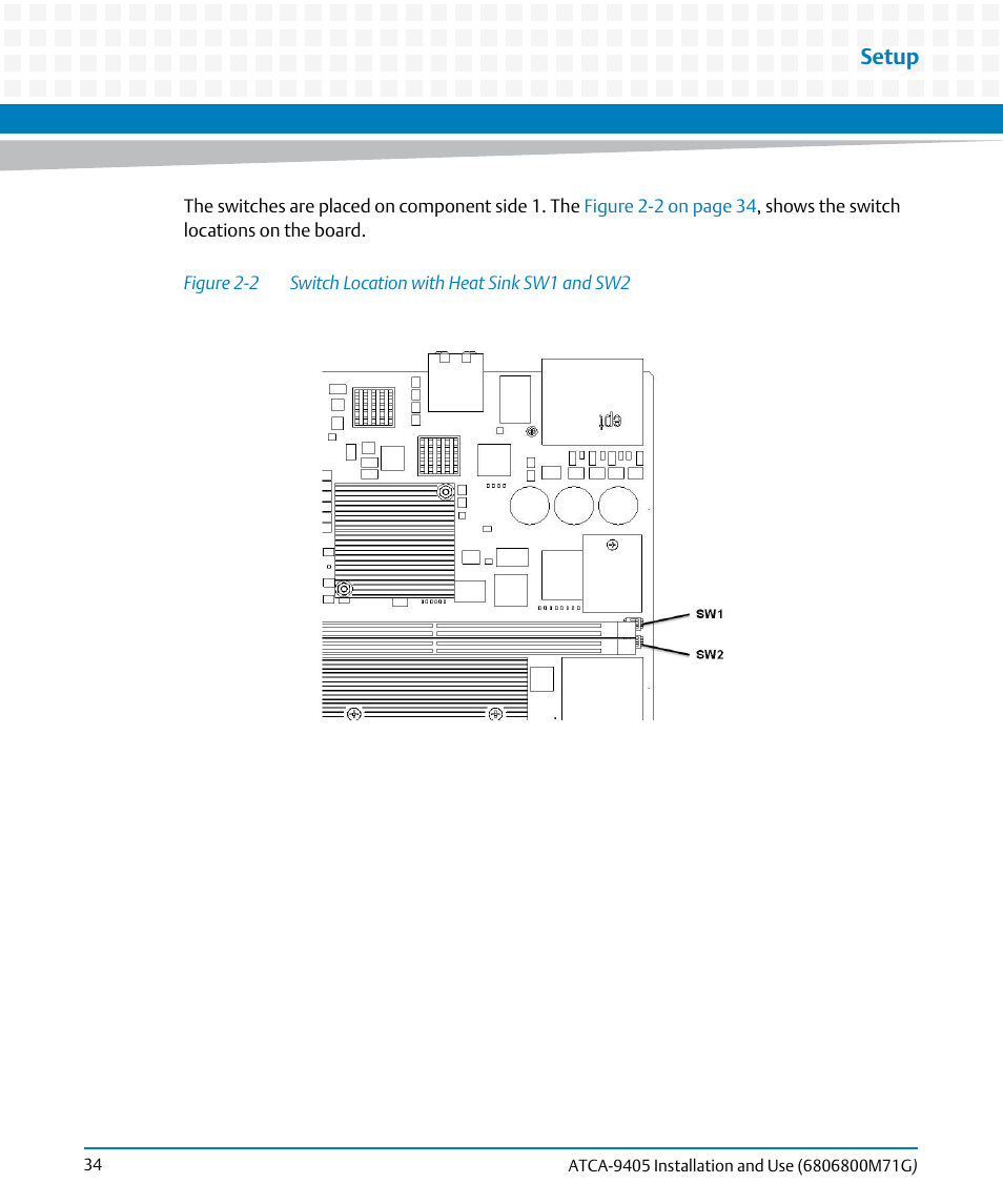 Figure 2-2, Switch location with heat sink sw1 and sw2, Setup | Artesyn ATCA-9405 Installation and Use (May 2014) User Manual | Page 34 / 168