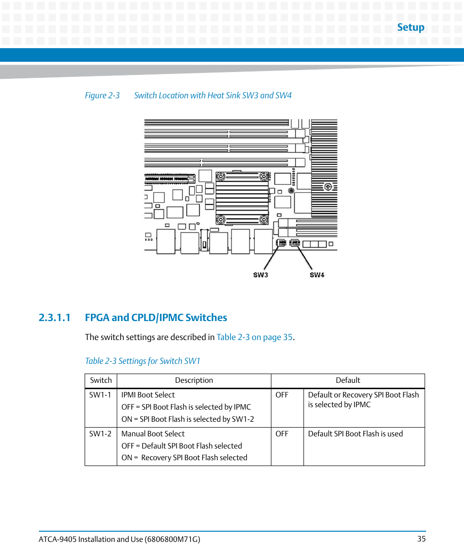 1 fpga and cpld/ipmc switches, Table 2-3, Settings for switch sw1 | Figure 2-3, Switch location with heat sink sw3 and sw4, Setup | Artesyn ATCA-9405 Installation and Use (May 2014) User Manual | Page 35 / 168