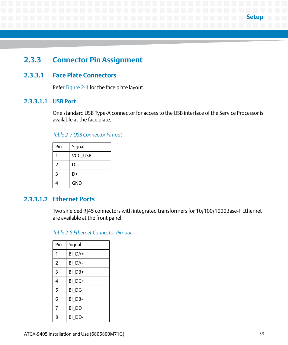 3 connector pin assignment, 1 face plate connectors, Table 2-7 | Usb connector pin-out, Table 2-8, Ethernet connector pin-out, Setup, Ethernet ports | Artesyn ATCA-9405 Installation and Use (May 2014) User Manual | Page 39 / 168