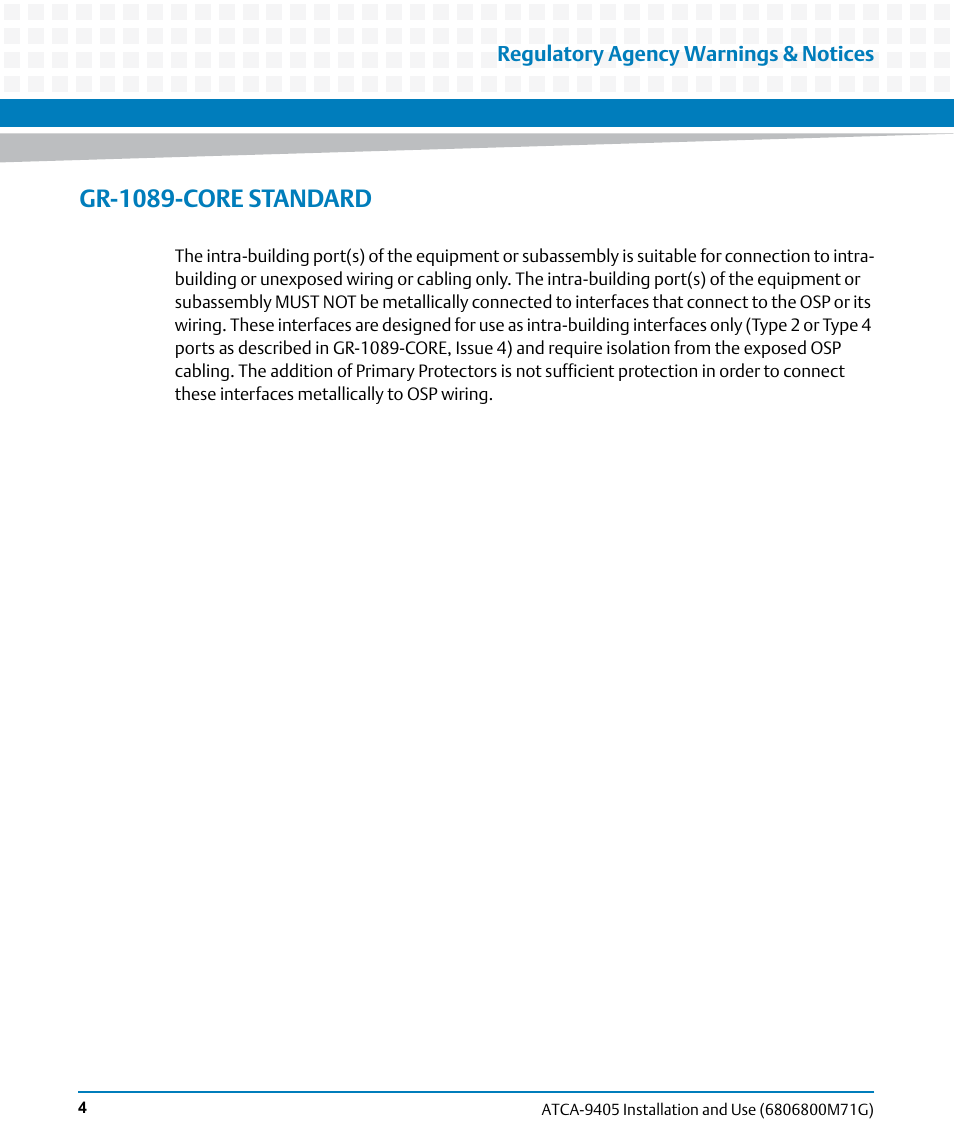 Gr-1089-core standard | Artesyn ATCA-9405 Installation and Use (May 2014) User Manual | Page 4 / 168
