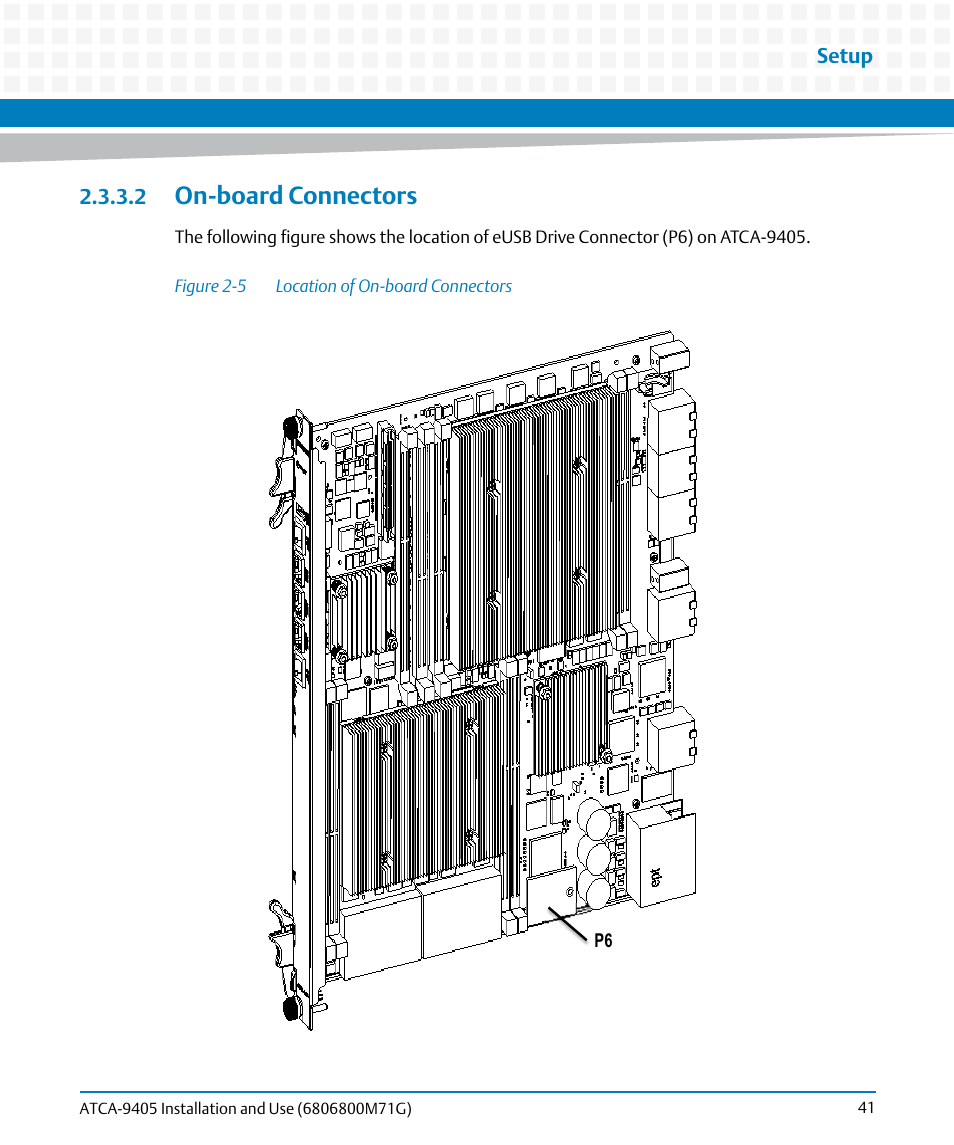 2 on-board connectors, Figure 2-5, Location of on-board connectors | On-board connectors | Artesyn ATCA-9405 Installation and Use (May 2014) User Manual | Page 41 / 168