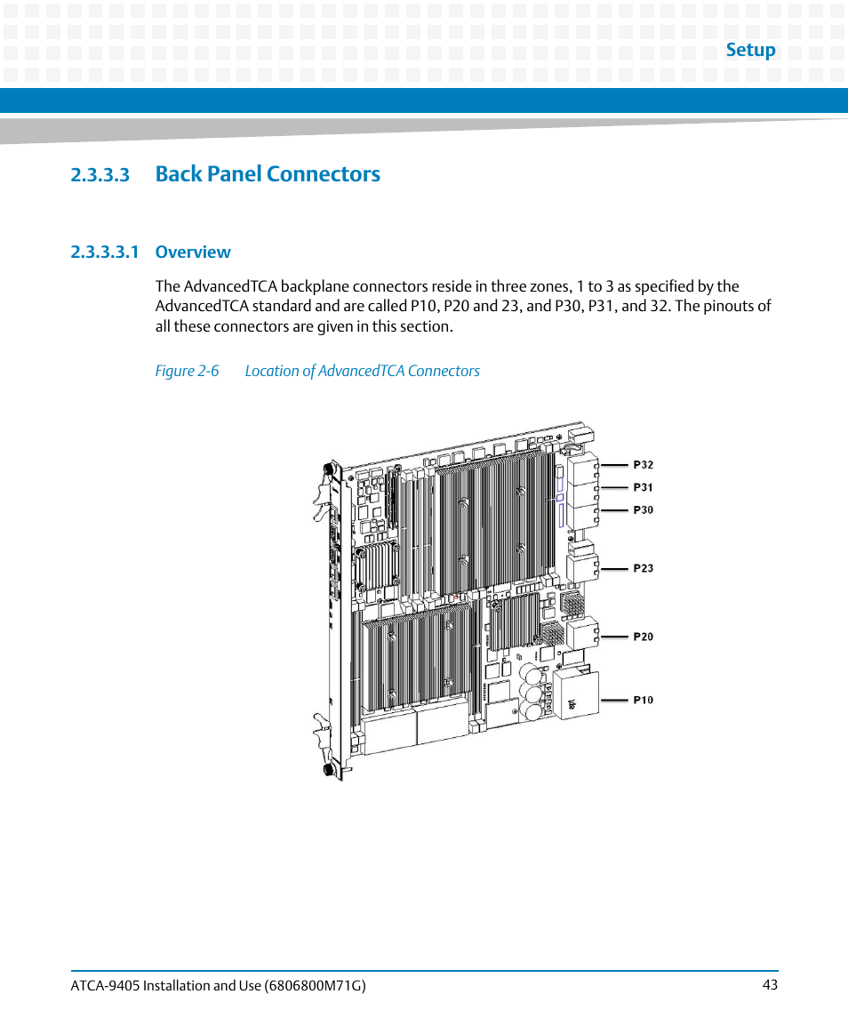 3 back panel connectors, Figure 2-6, Location of advancedtca connectors | Back panel connectors | Artesyn ATCA-9405 Installation and Use (May 2014) User Manual | Page 43 / 168