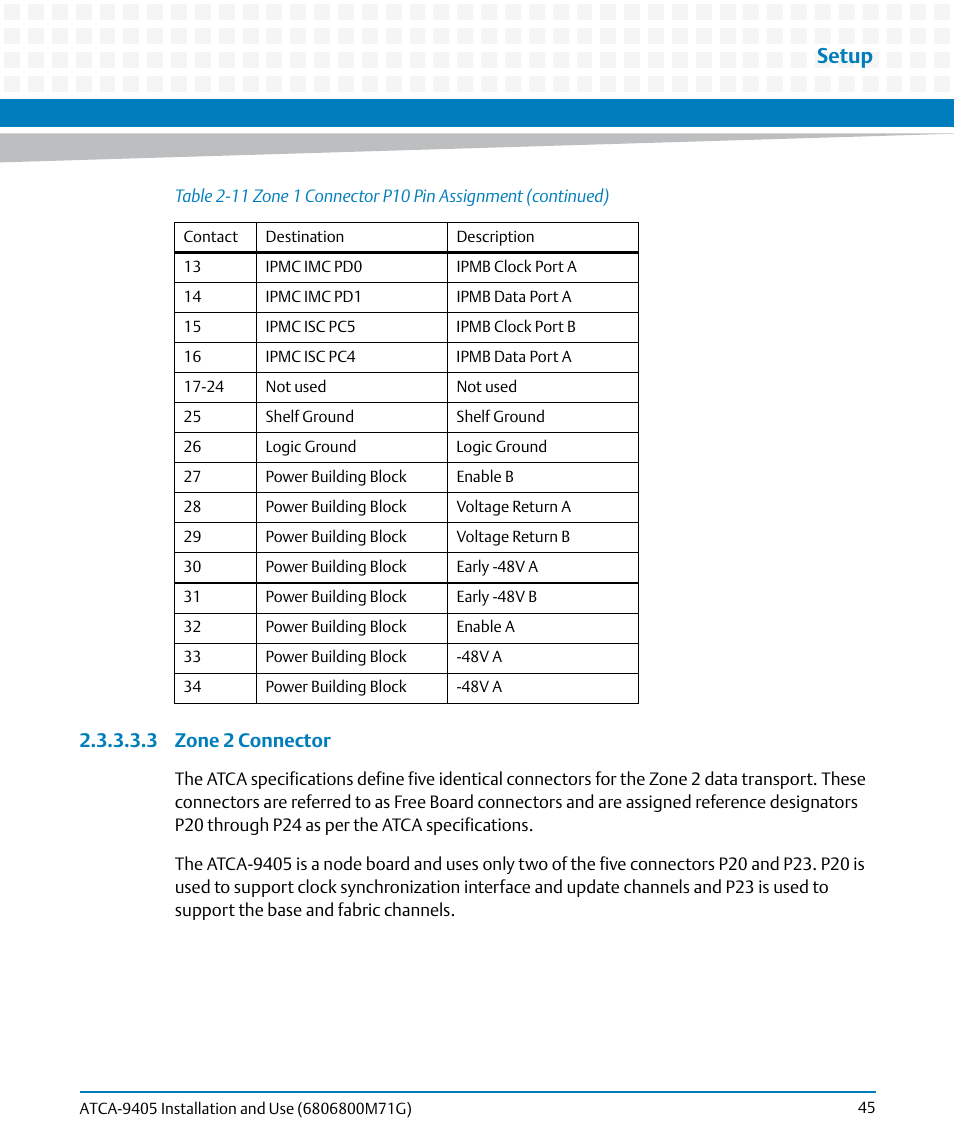 Setup, 3 zone 2 connector | Artesyn ATCA-9405 Installation and Use (May 2014) User Manual | Page 45 / 168
