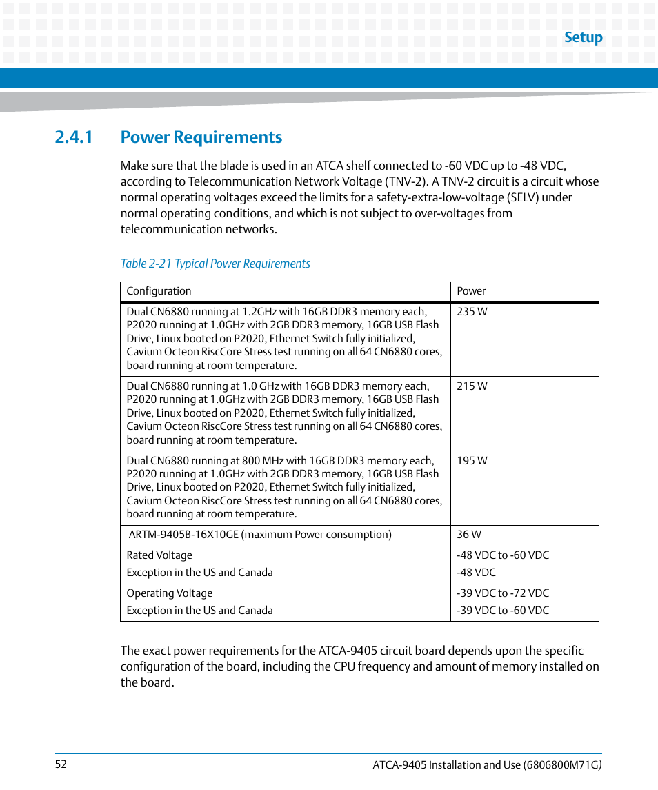 1 power requirements, Table 2-21, Typical power requirements | Setup | Artesyn ATCA-9405 Installation and Use (May 2014) User Manual | Page 52 / 168