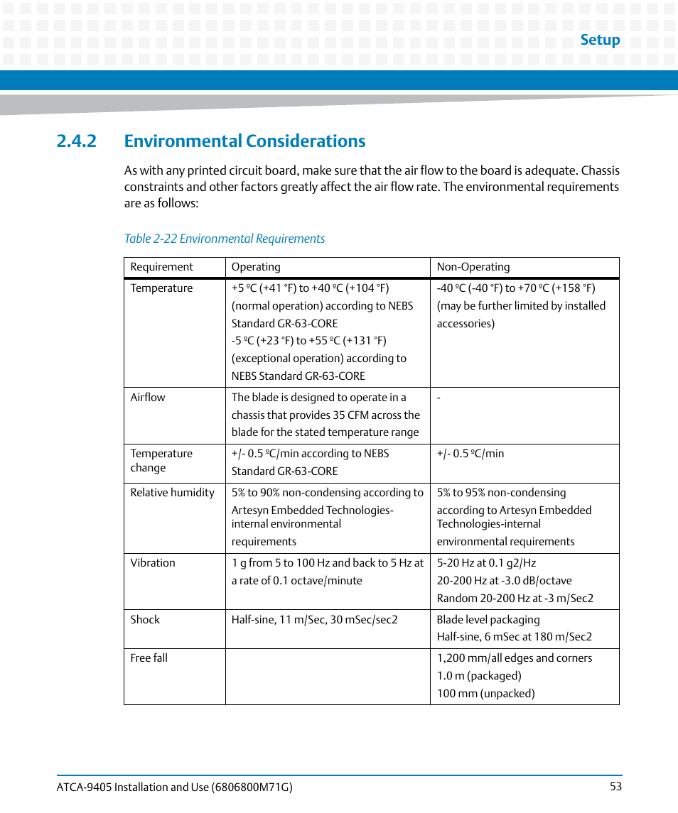 2 environmental considerations, Table 2-22, Environmental requirements | Setup | Artesyn ATCA-9405 Installation and Use (May 2014) User Manual | Page 53 / 168