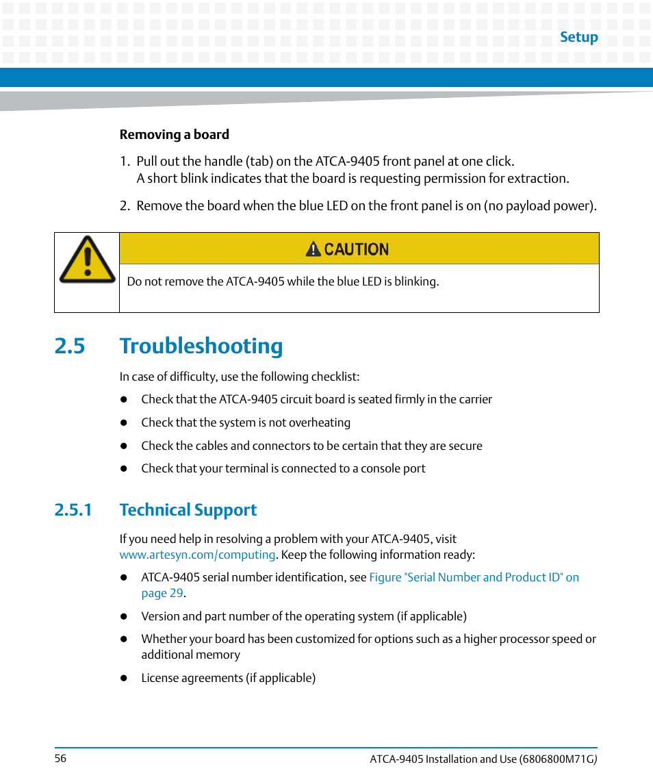 5 troubleshooting, 1 technical support | Artesyn ATCA-9405 Installation and Use (May 2014) User Manual | Page 56 / 168