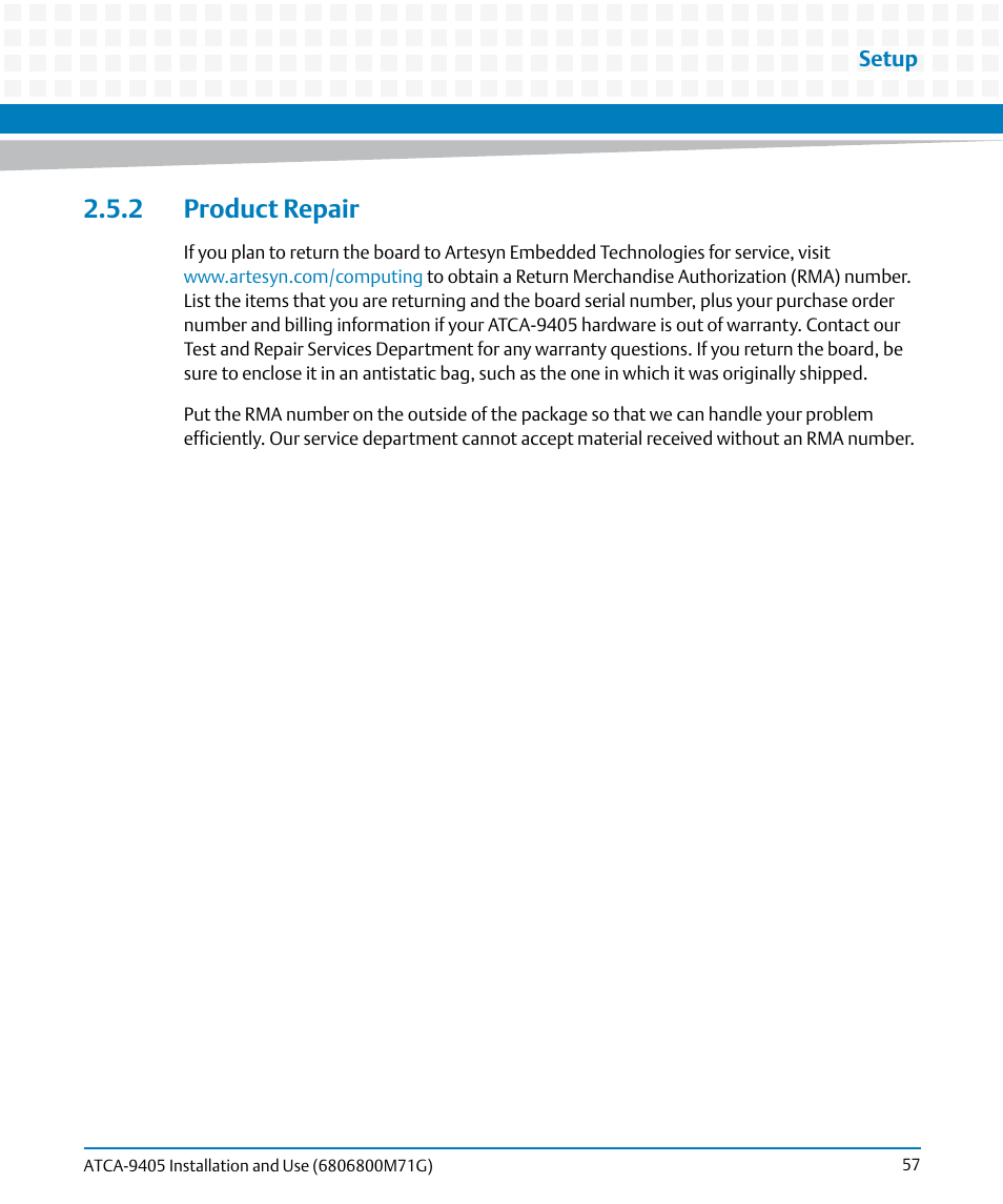 2 product repair | Artesyn ATCA-9405 Installation and Use (May 2014) User Manual | Page 57 / 168