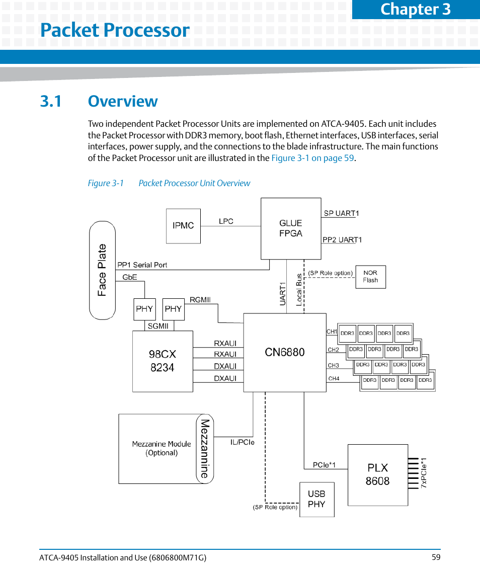 Packet processor, 1 overview, Figure 3-1 | Packet processor unit overview, Chapter 3 | Artesyn ATCA-9405 Installation and Use (May 2014) User Manual | Page 59 / 168