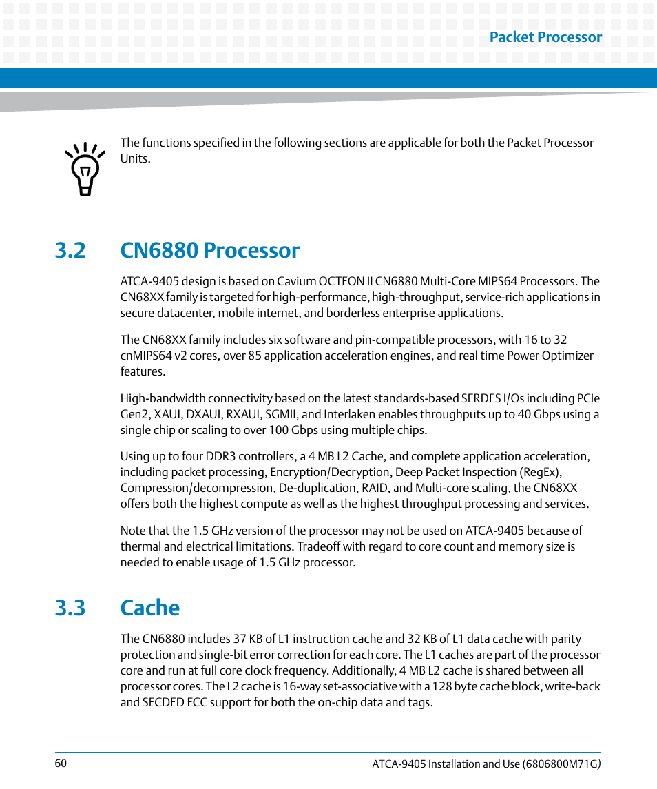 2 cn6880 processor, 3 cache, 2 cn6880 processor 3.3 cache | Artesyn ATCA-9405 Installation and Use (May 2014) User Manual | Page 60 / 168