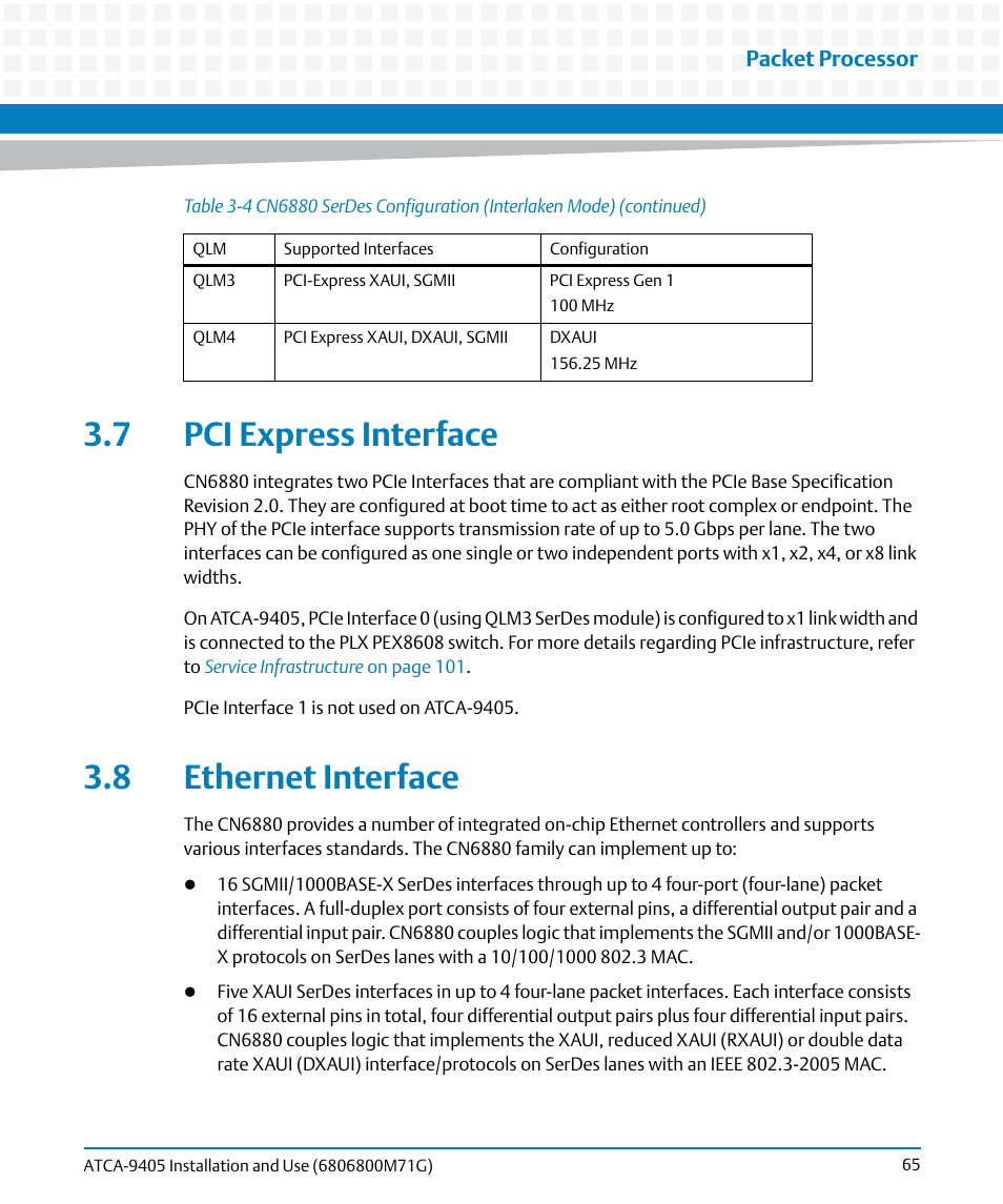 7 pci express interface, 8 ethernet interface, 7 pci express interface 3.8 ethernet interface | Artesyn ATCA-9405 Installation and Use (May 2014) User Manual | Page 65 / 168