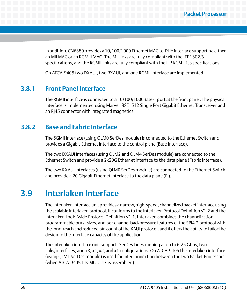 1 front panel interface, 2 base and fabric interface, 9 interlaken interface | Artesyn ATCA-9405 Installation and Use (May 2014) User Manual | Page 66 / 168