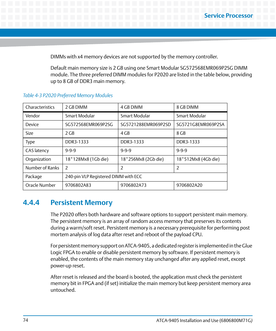 4 persistent memory, Table 4-3, P2020 preferred memory modules | Service processor | Artesyn ATCA-9405 Installation and Use (May 2014) User Manual | Page 74 / 168