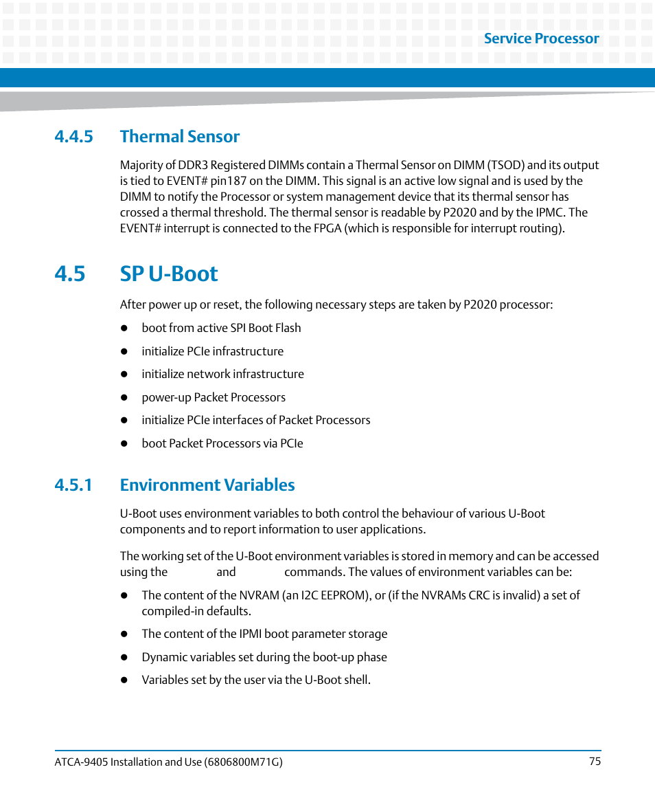 5 thermal sensor, 5 sp u-boot, 1 environment variables | Artesyn ATCA-9405 Installation and Use (May 2014) User Manual | Page 75 / 168