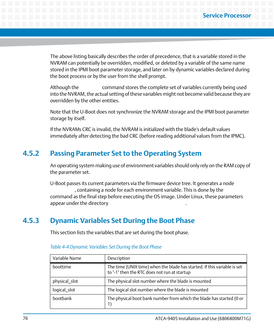 2 passing parameter set to the operating system, 3 dynamic variables set during the boot phase, Table 4-4 | Dynamic variables set during the boot phase, Service processor | Artesyn ATCA-9405 Installation and Use (May 2014) User Manual | Page 76 / 168