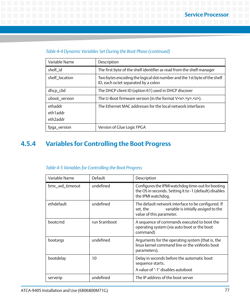 4 variables for controlling the boot progress, Table 4-5, Variables for controlling the boot progress | Service processor | Artesyn ATCA-9405 Installation and Use (May 2014) User Manual | Page 77 / 168