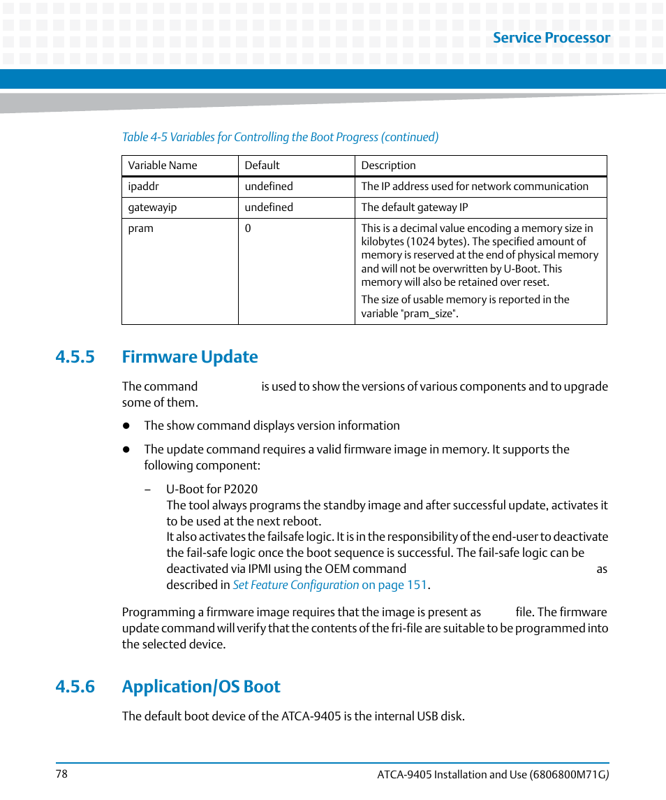 5 firmware update, 6 application/os boot, 5 firmware update 4.5.6 application/os boot | Service processor | Artesyn ATCA-9405 Installation and Use (May 2014) User Manual | Page 78 / 168