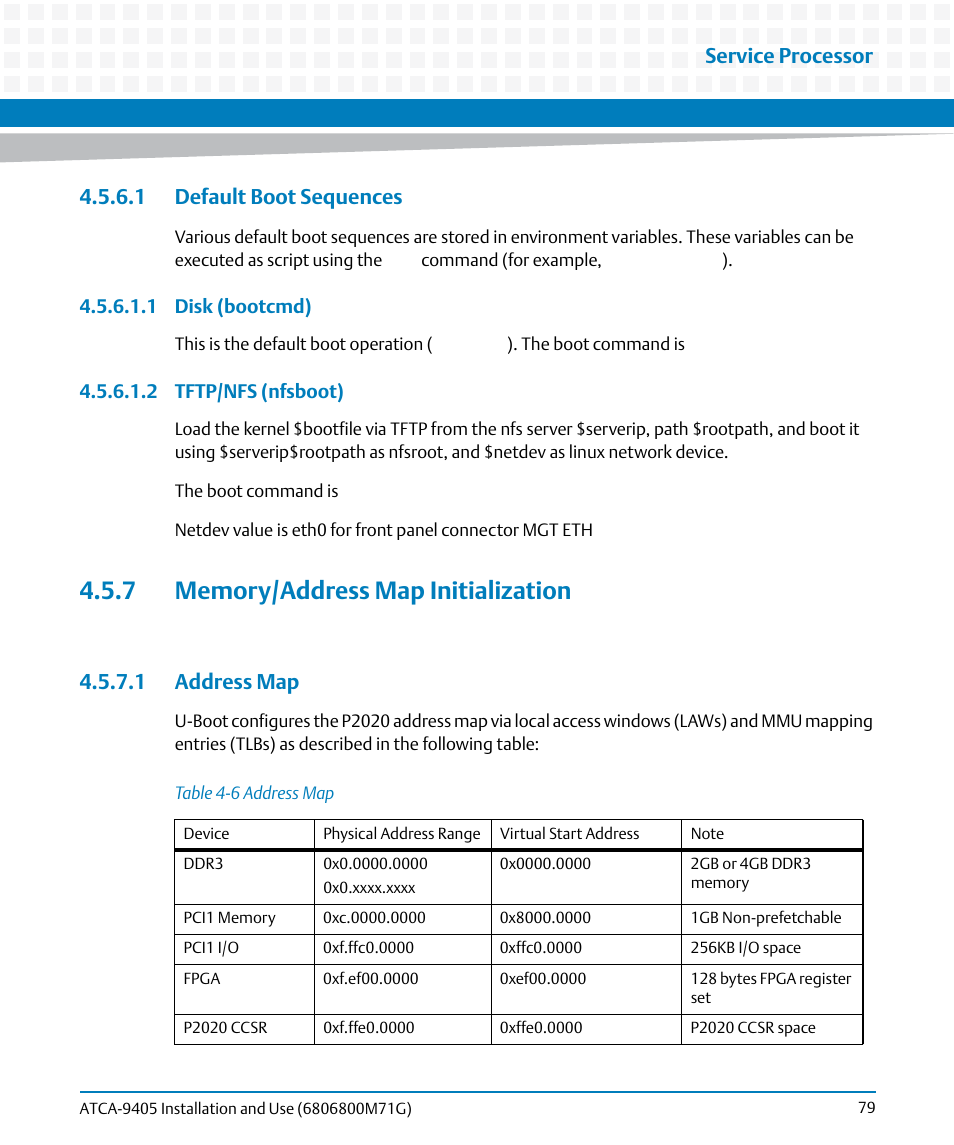 1 default boot sequences, 7 memory/address map initialization, 1 address map | Table 4-6, Address map, Service processor | Artesyn ATCA-9405 Installation and Use (May 2014) User Manual | Page 79 / 168