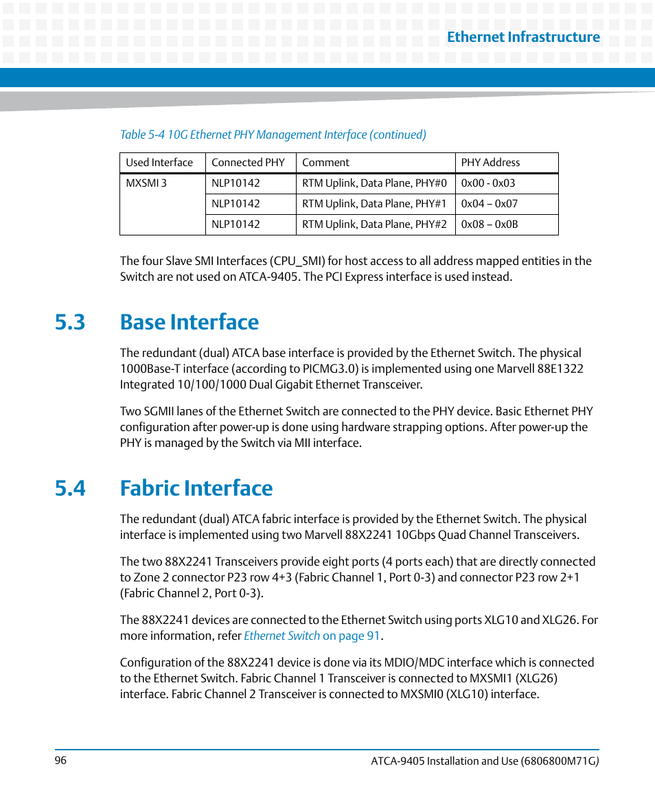 3 base interface, 4 fabric interface, 3 base interface 5.4 fabric interface | Chapter 5 | Artesyn ATCA-9405 Installation and Use (May 2014) User Manual | Page 96 / 168