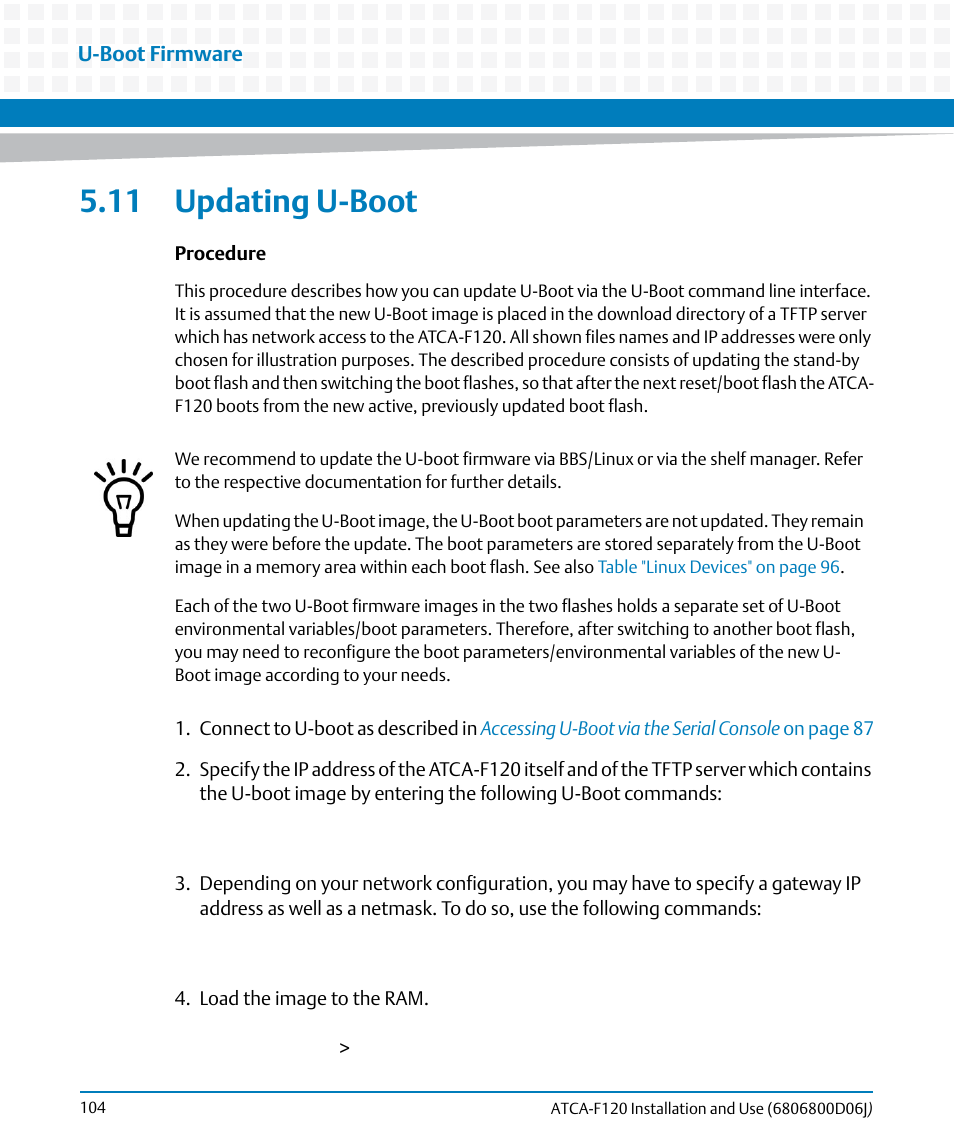 11 updating u-boot | Artesyn ATCA-F120 Installation and Use (August 2014) User Manual | Page 104 / 122