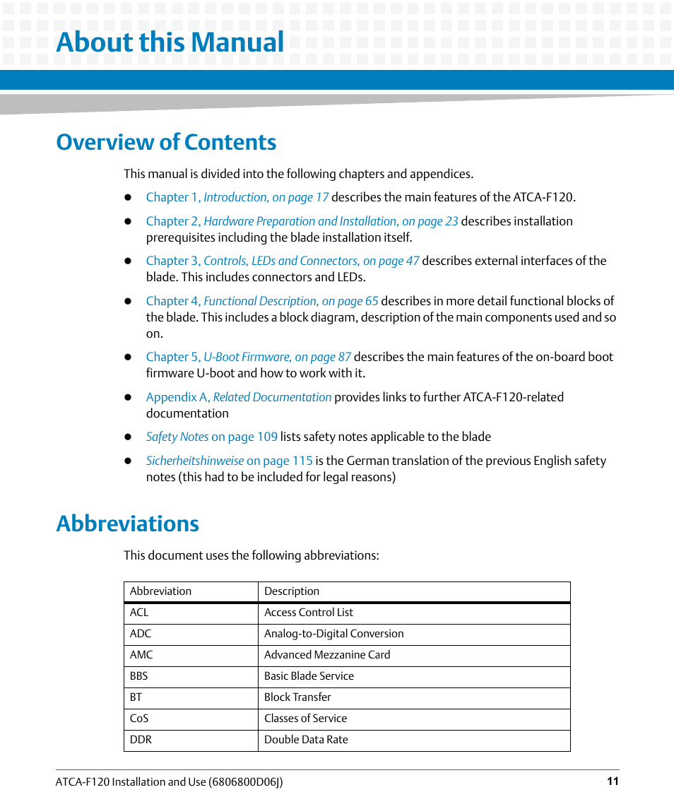 About this manual, Overview of contents, Abbreviations | Artesyn ATCA-F120 Installation and Use (August 2014) User Manual | Page 11 / 122