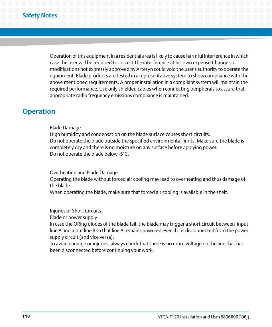 Operation | Artesyn ATCA-F120 Installation and Use (August 2014) User Manual | Page 110 / 122