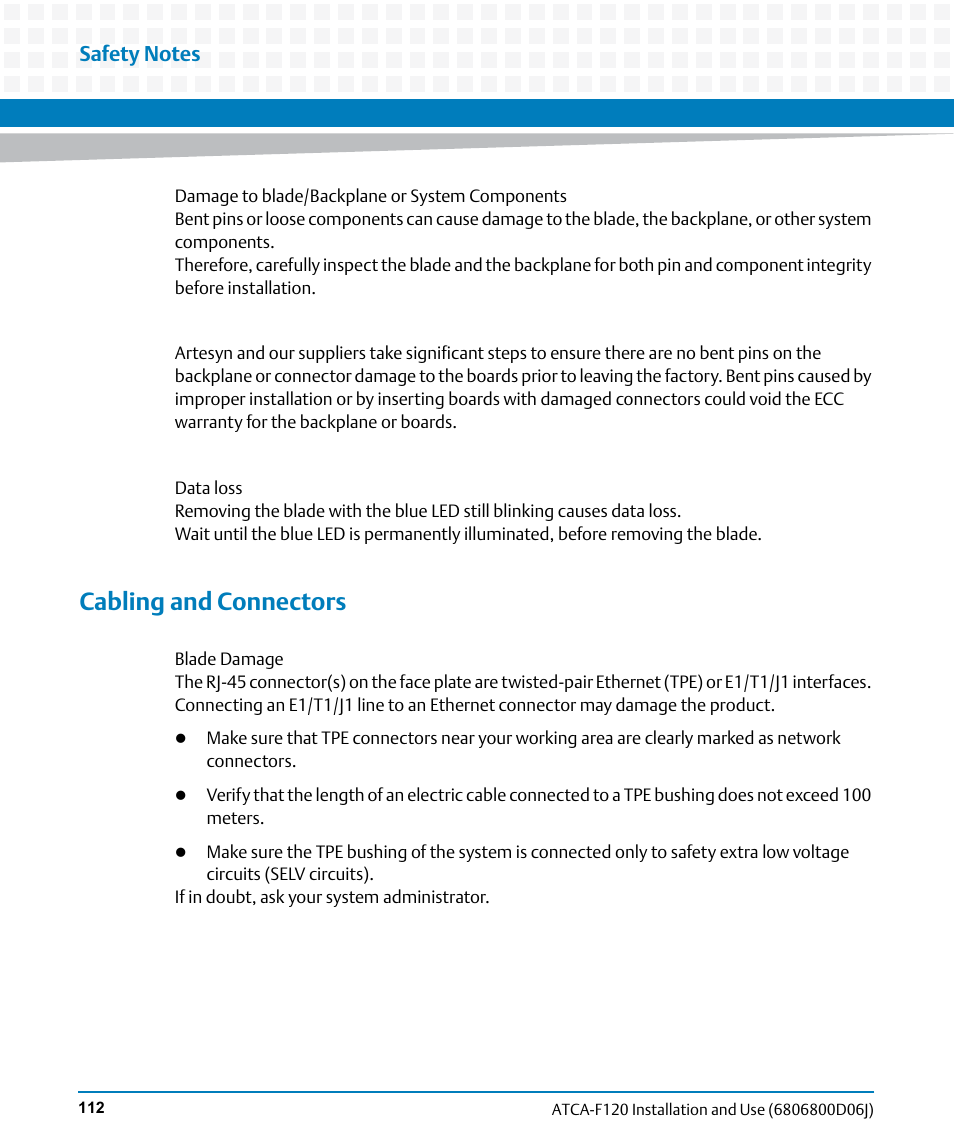 Cabling and connectors | Artesyn ATCA-F120 Installation and Use (August 2014) User Manual | Page 112 / 122