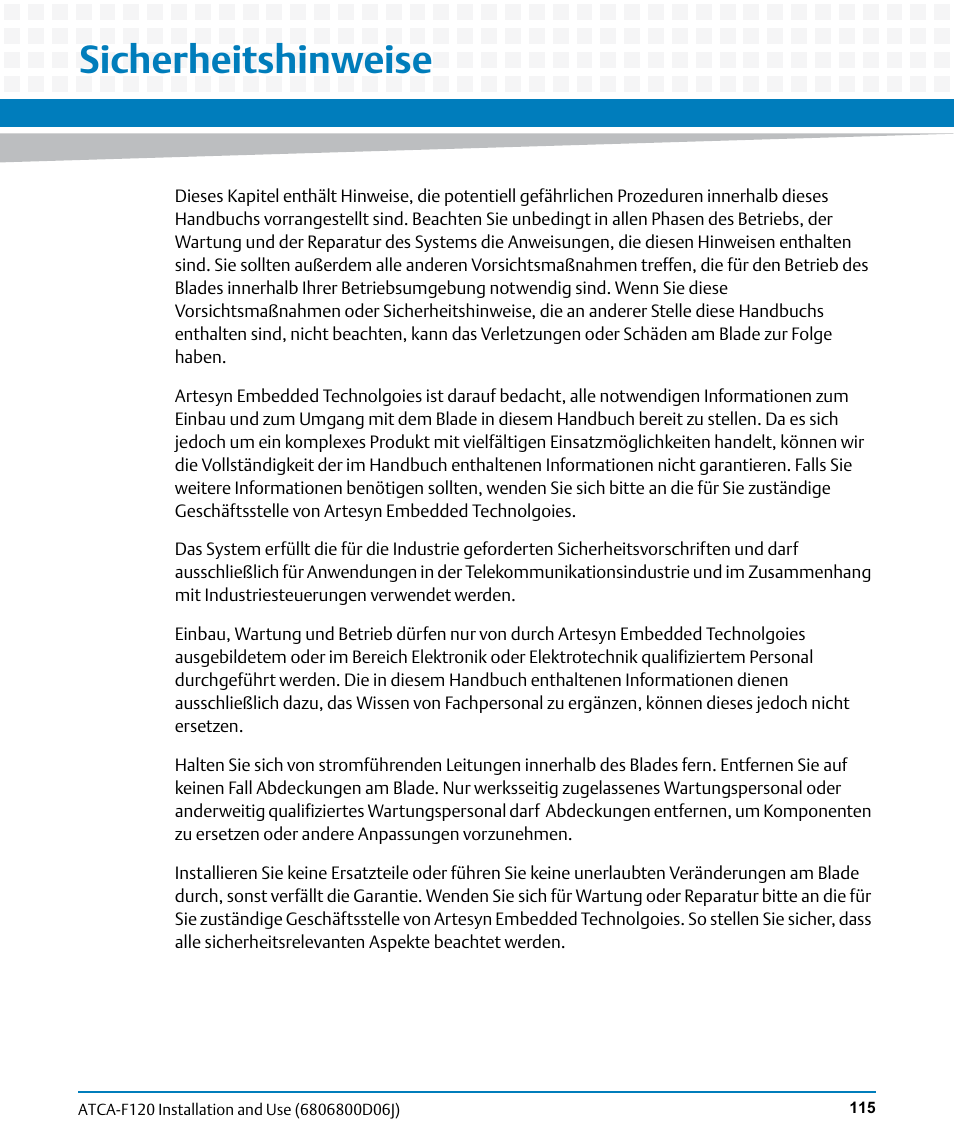 Sicherheitshinweise | Artesyn ATCA-F120 Installation and Use (August 2014) User Manual | Page 115 / 122