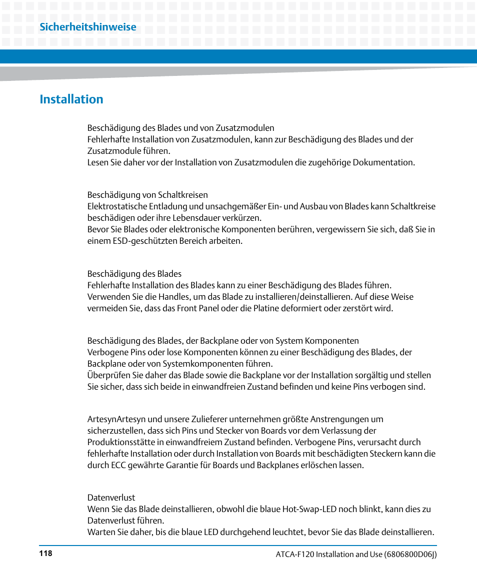 Installation, Sicherheitshinweise | Artesyn ATCA-F120 Installation and Use (August 2014) User Manual | Page 118 / 122