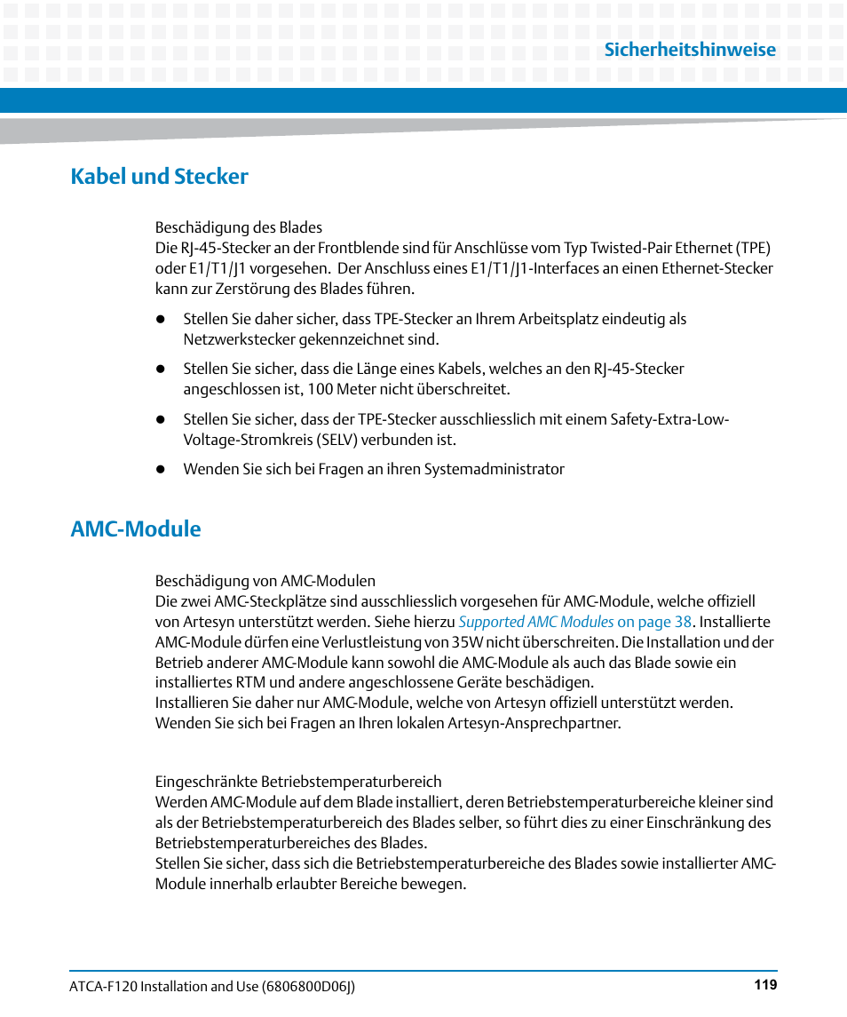 Kabel und stecker, Amc-module, Sicherheitshinweise | Artesyn ATCA-F120 Installation and Use (August 2014) User Manual | Page 119 / 122
