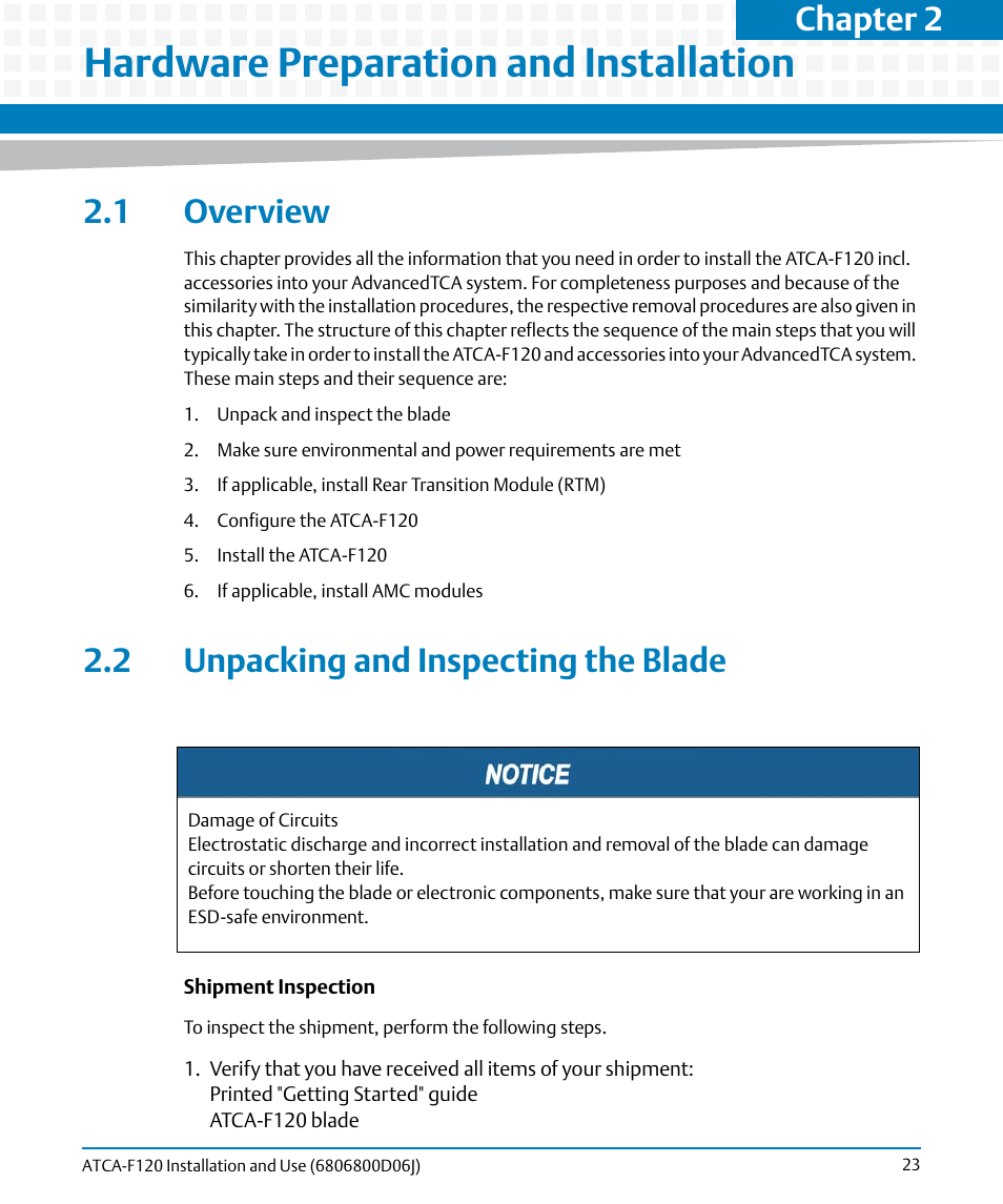 Hardware preparation and installation, 1 overview, 2 unpacking and inspecting the blade | 1 overview 2.2 unpacking and inspecting the blade, Chapter 2 | Artesyn ATCA-F120 Installation and Use (August 2014) User Manual | Page 23 / 122
