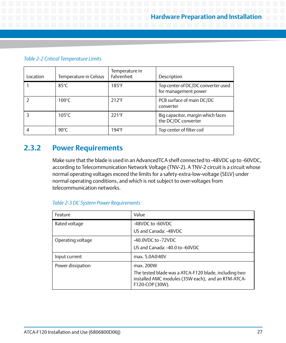 2 power requirements, Table 2-2, Critical temperature limits | Table 2-3, Dc system power requirements, Hardware preparation and installation | Artesyn ATCA-F120 Installation and Use (August 2014) User Manual | Page 27 / 122