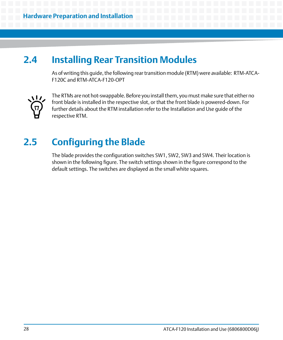 4 installing rear transition modules, 5 configuring the blade | Artesyn ATCA-F120 Installation and Use (August 2014) User Manual | Page 28 / 122