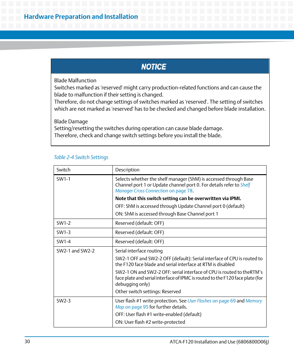 Table 2-4, Switch settings, Hardware preparation and installation | Artesyn ATCA-F120 Installation and Use (August 2014) User Manual | Page 30 / 122