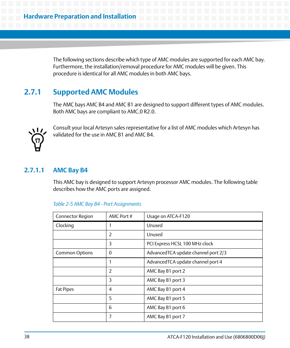 1 supported amc modules, 1 amc bay b4, Table 2-5 | Amc bay b4 - port assignments, Hardware preparation and installation | Artesyn ATCA-F120 Installation and Use (August 2014) User Manual | Page 38 / 122