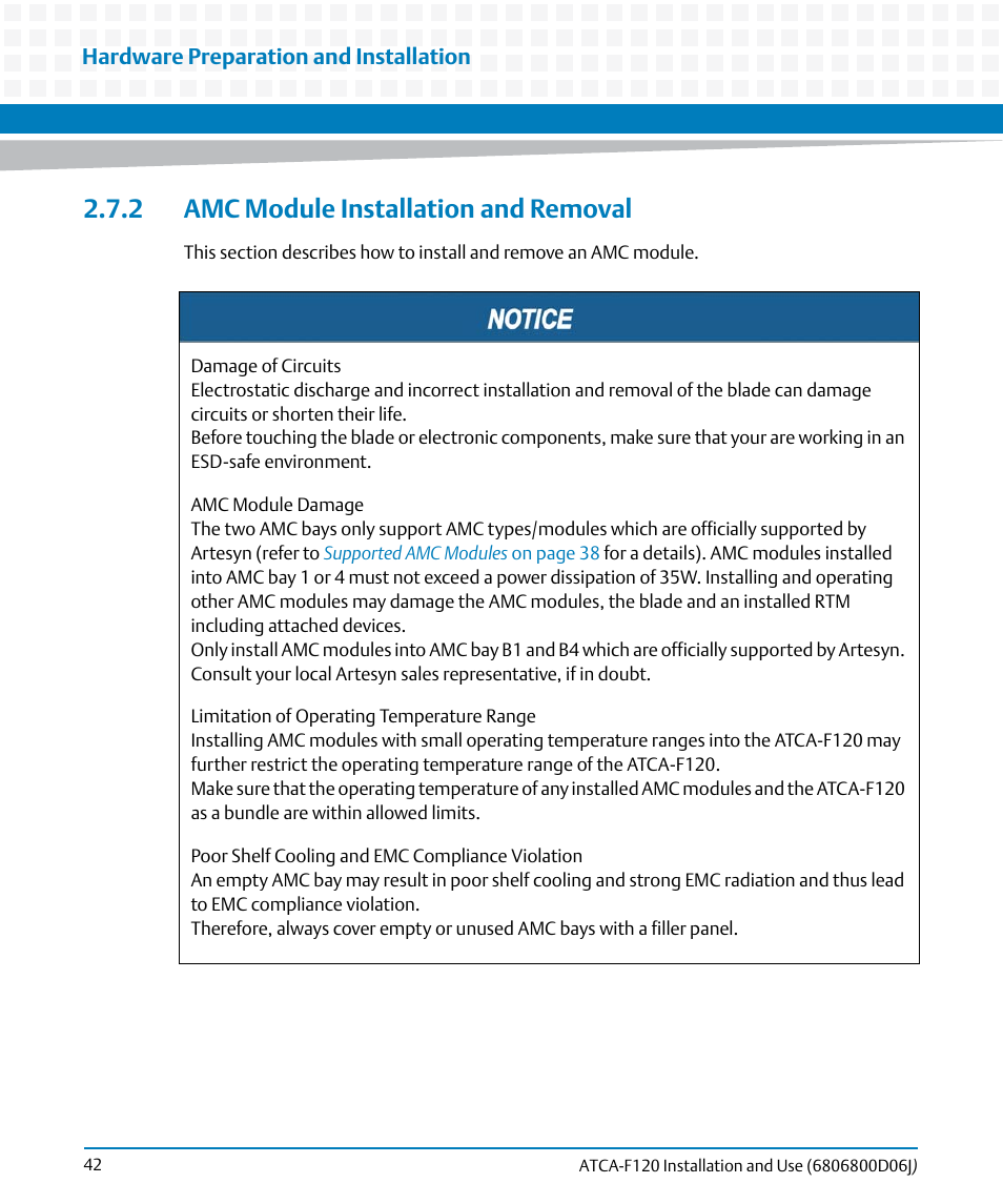 2 amc module installation and removal | Artesyn ATCA-F120 Installation and Use (August 2014) User Manual | Page 42 / 122