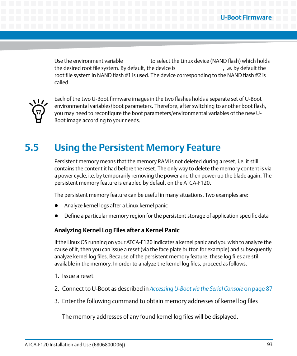 5 using the persistent memory feature | Artesyn ATCA-F120 Installation and Use (August 2014) User Manual | Page 93 / 122