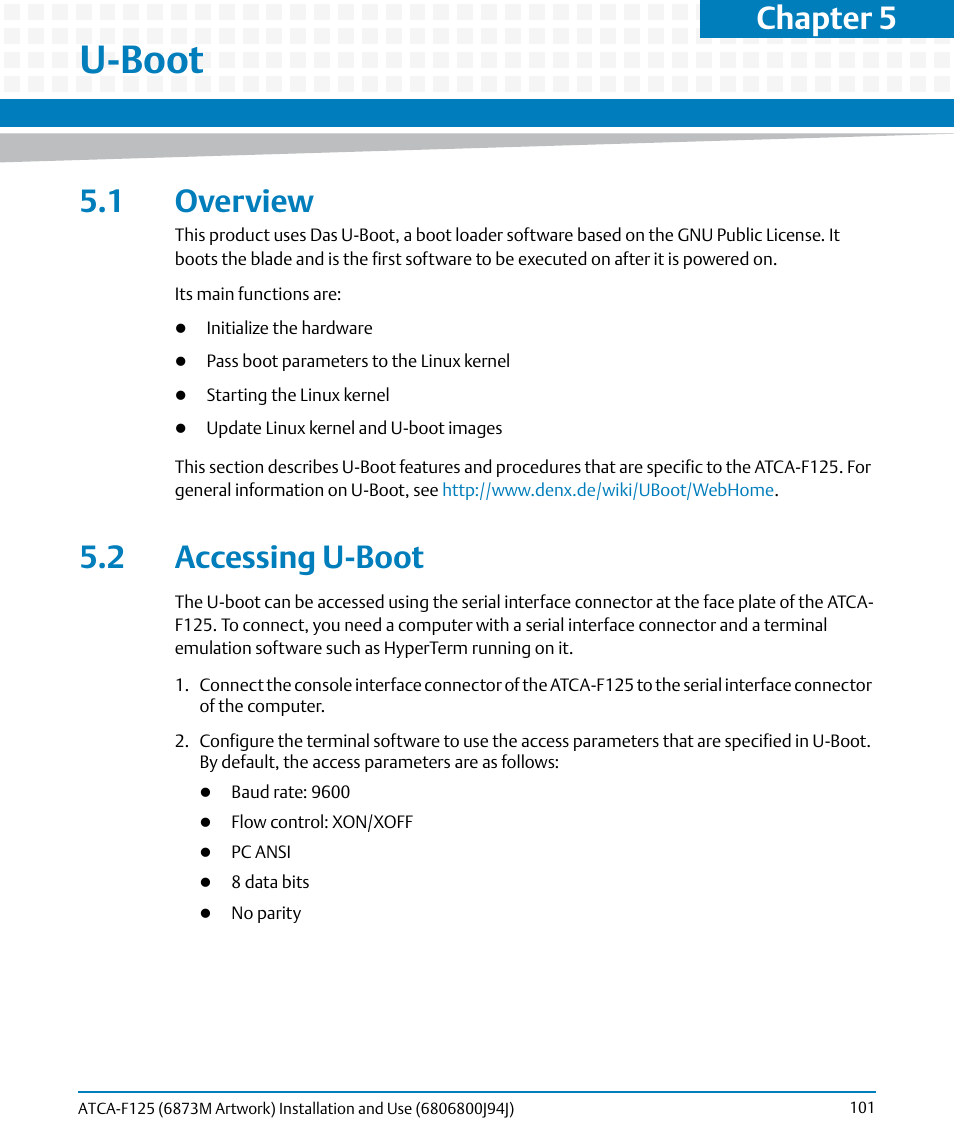 U-boot, 1 overview, 2 accessing u-boot | 1 overview 5.2 accessing u-boot, Chapter 5 | Artesyn ATCA-F125 Installation and Use Guide (April 2014) User Manual | Page 101 / 138