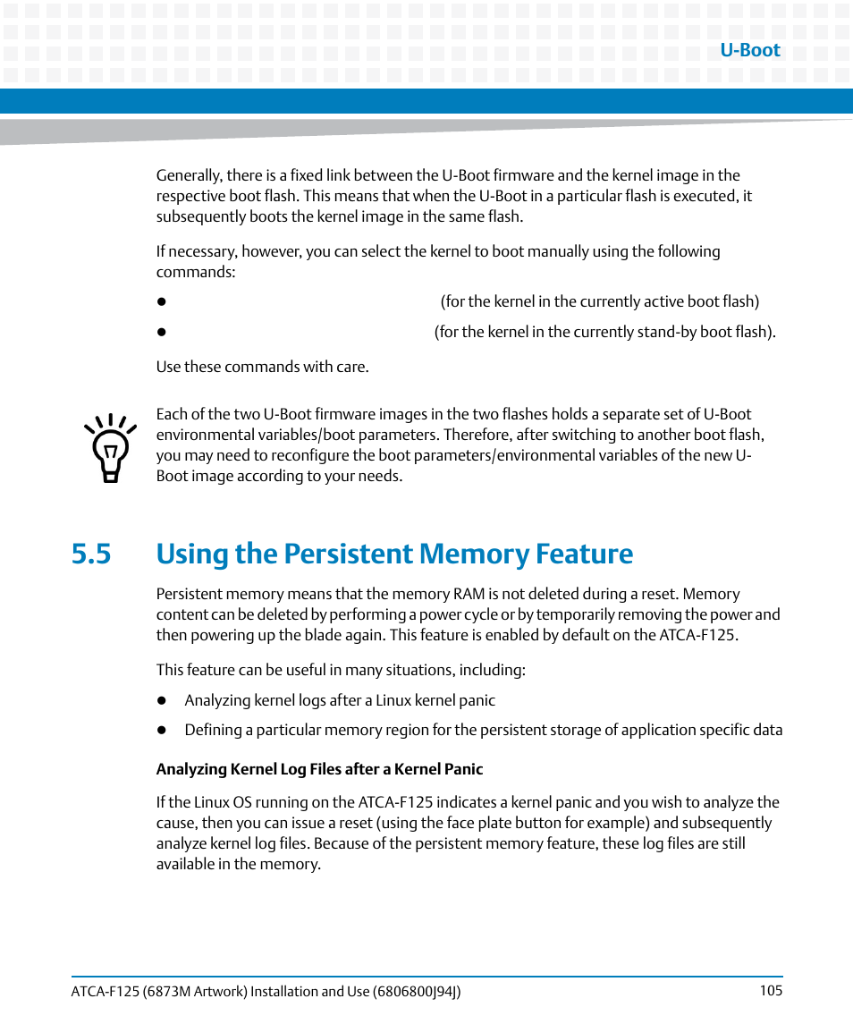 5 using the persistent memory feature | Artesyn ATCA-F125 Installation and Use Guide (April 2014) User Manual | Page 105 / 138