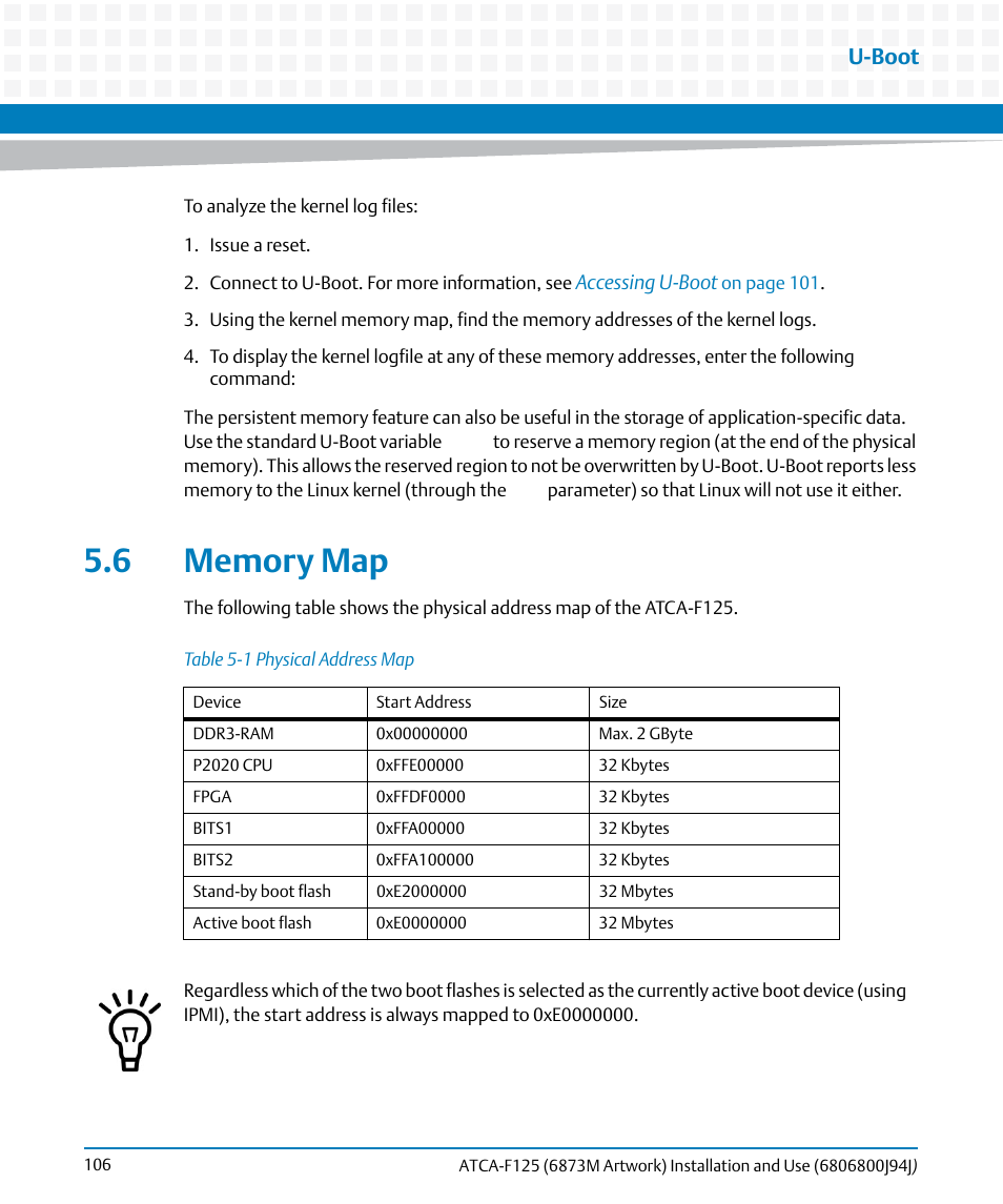 6 memory map, Table 5-1, Physical address map | U-boot | Artesyn ATCA-F125 Installation and Use Guide (April 2014) User Manual | Page 106 / 138