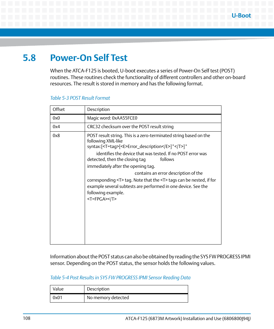 8 power-on self test, Table 5-3, Post result format | Table 5-4, U-boot | Artesyn ATCA-F125 Installation and Use Guide (April 2014) User Manual | Page 108 / 138